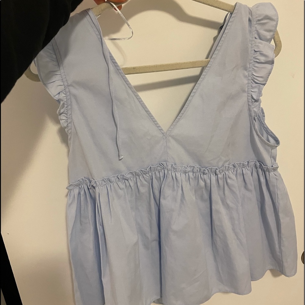Zara Light Blue Babydoll Tank with Ruffled Sleeves Size L